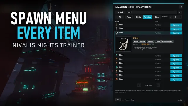 Spawn Items menu of the trainer